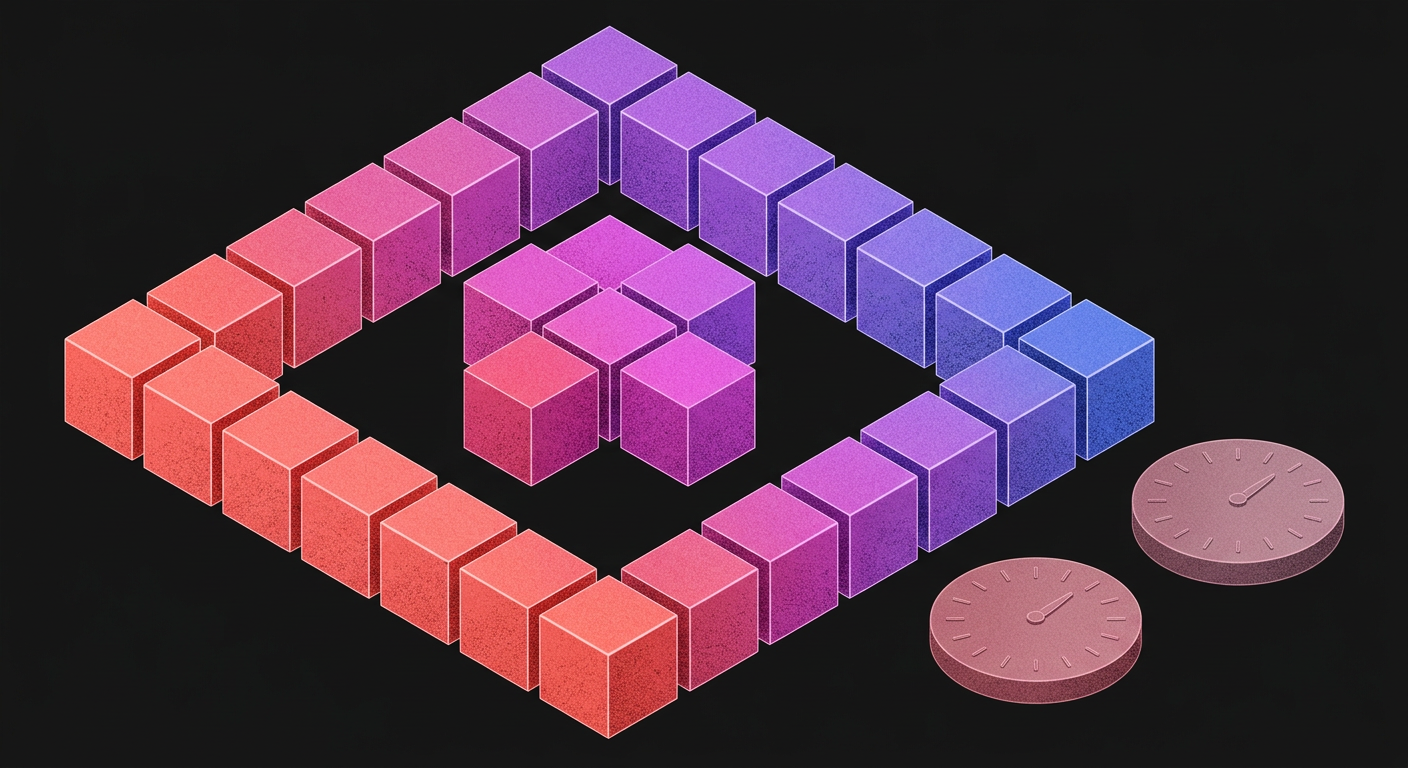 Isometric illustration of a ring of grained blocks around a central cluster, with two clock discs beside it