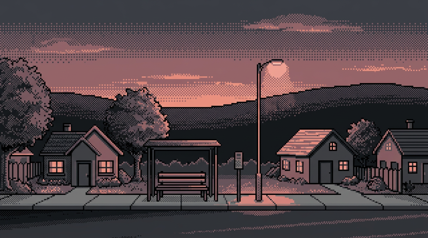 Pixel-art illustration of a quiet street at dusk with small houses, a bus stop and a streetlamp